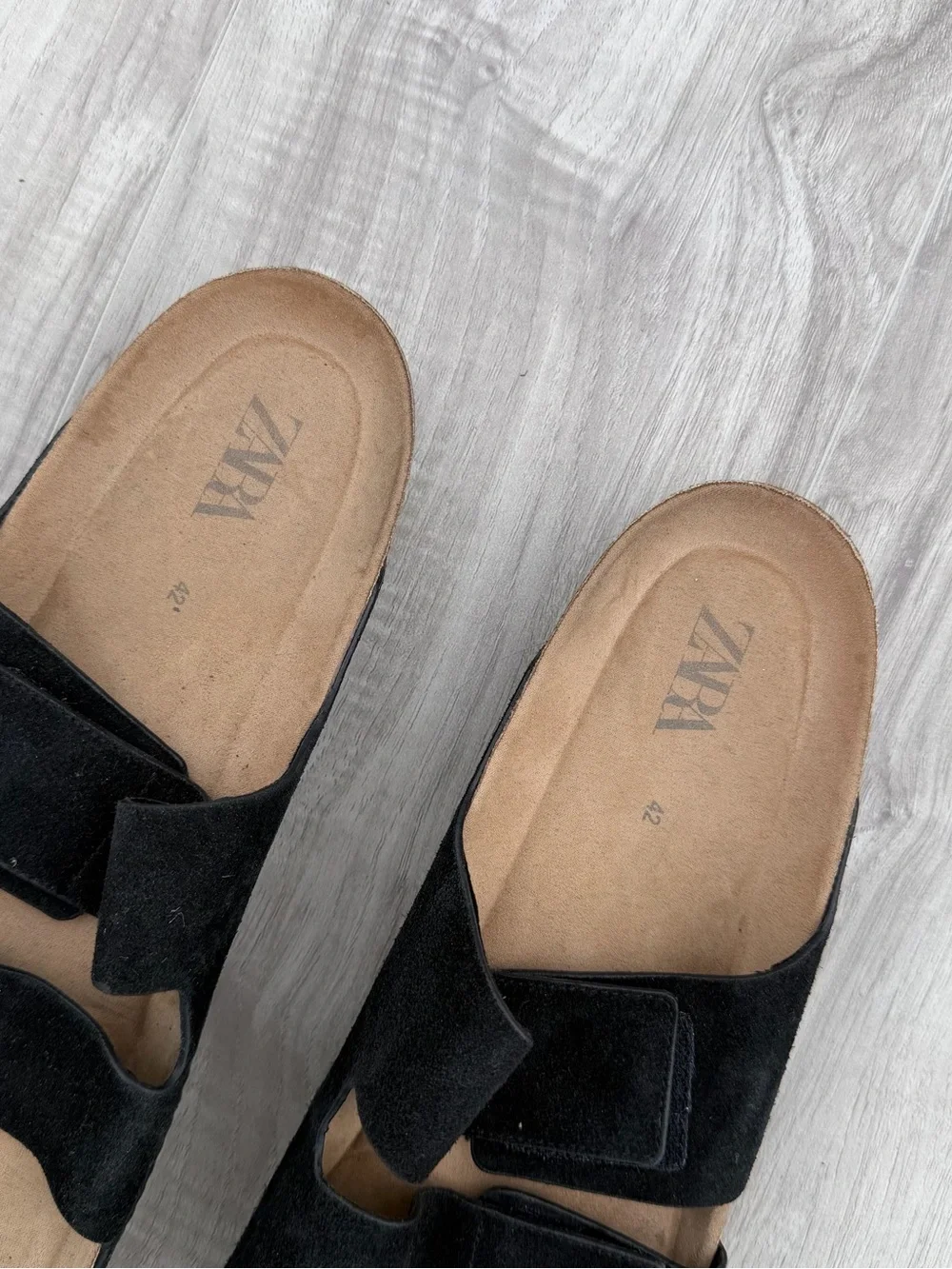 Zara Black Double-Strap Slide Sandals with Tan Footbed